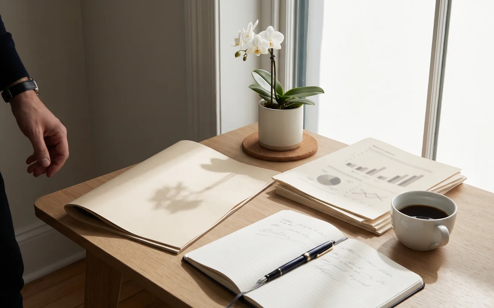 An editorial reading desk in a quiet Singapore study, printed reports in considered light