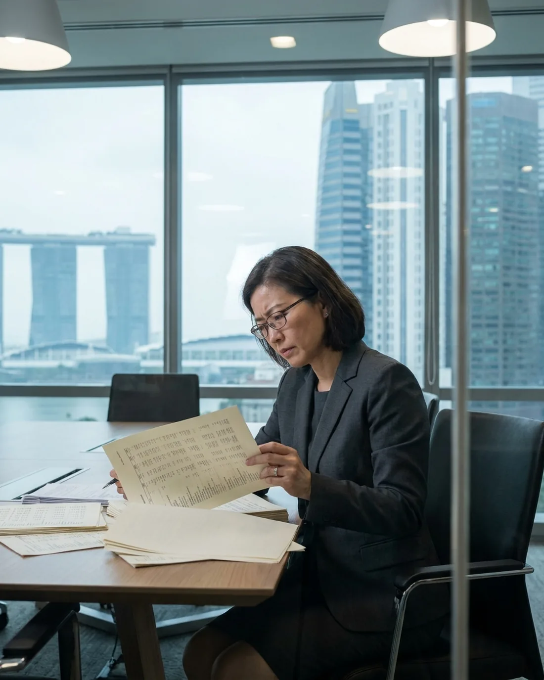 A senior CFO reviewing the work in a calm Singapore boardroom
