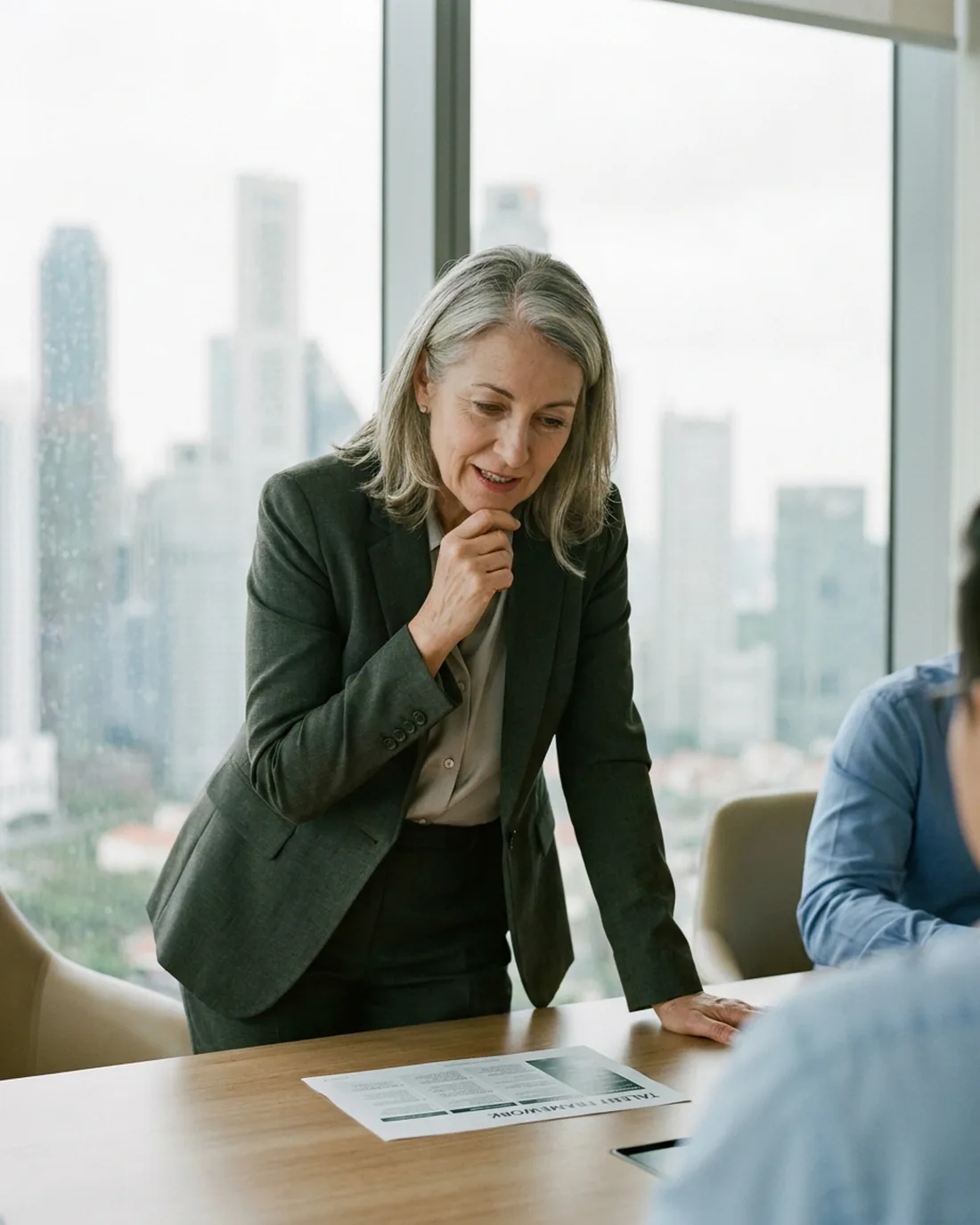 A senior CHRO reviewing the work in a calm Singapore boardroom