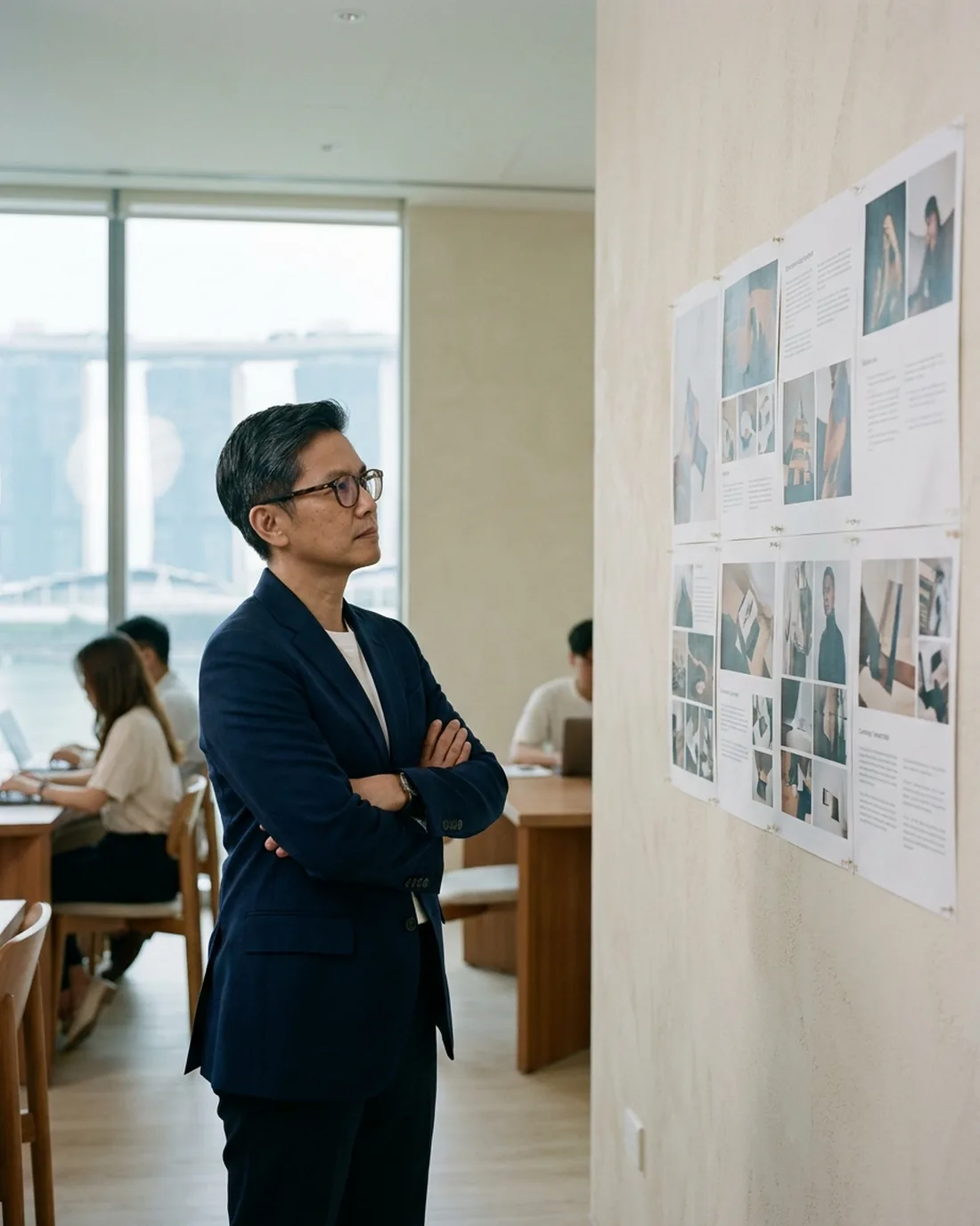 A senior CMO reviewing the work in a calm Singapore boardroom
