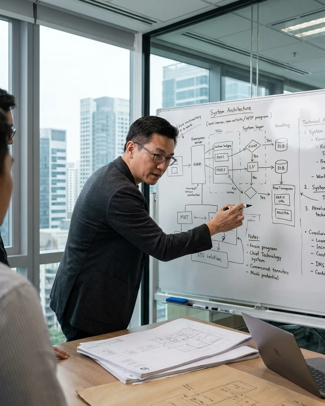 A senior CTO reviewing the work in a calm Singapore boardroom