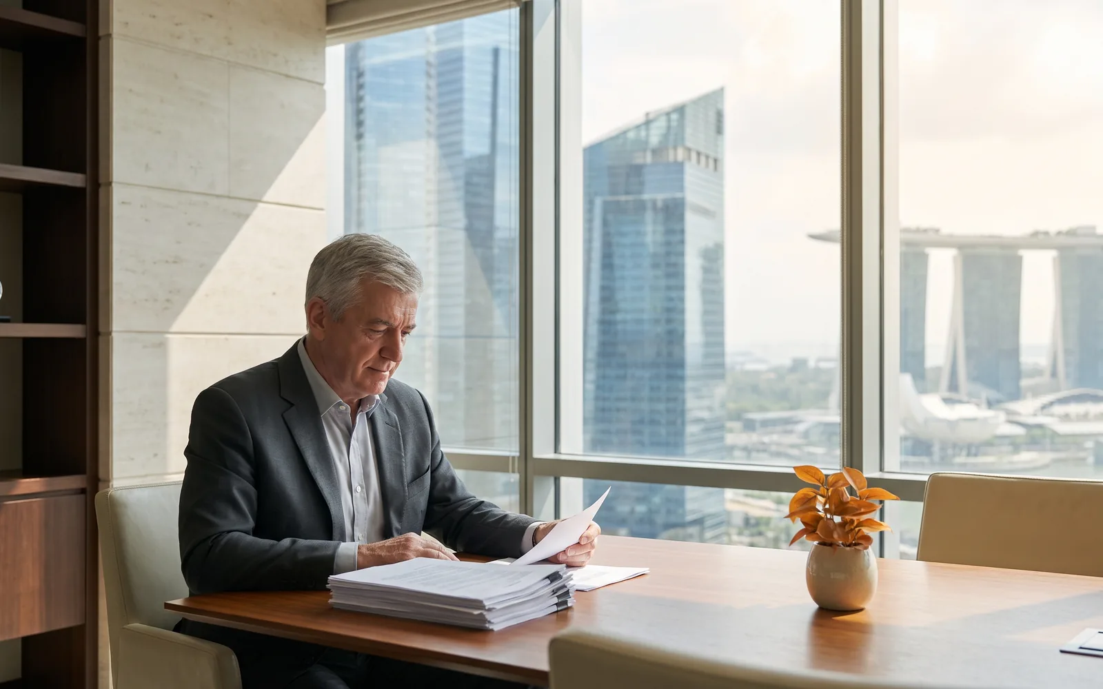 A senior executive looking out over the Singapore skyline
