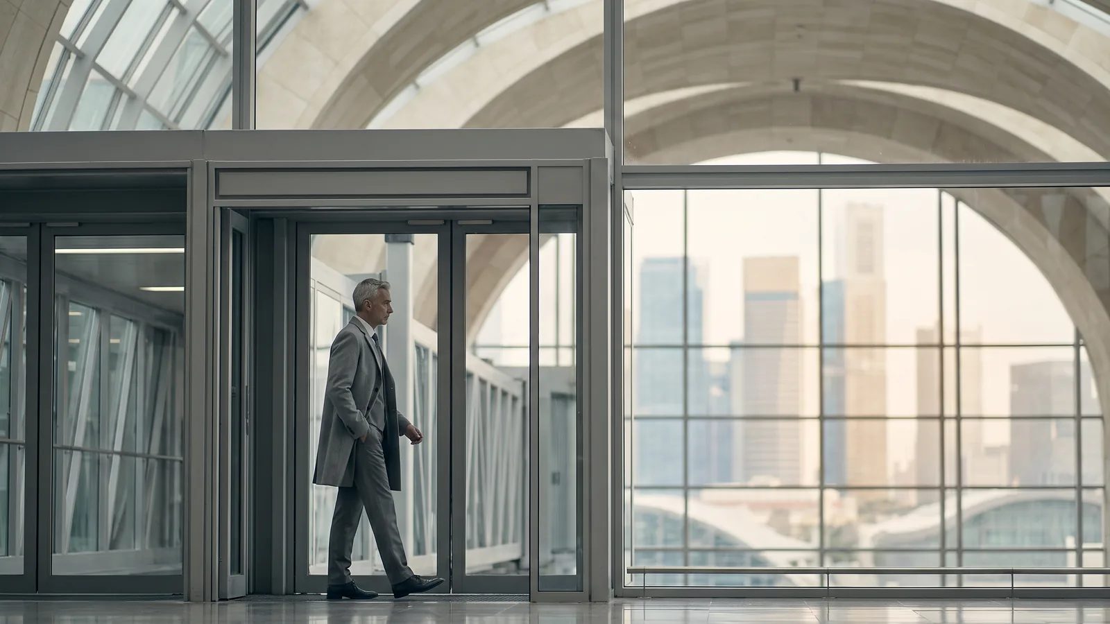 A composed senior executive walking through a bright business-district atrium in Singapore