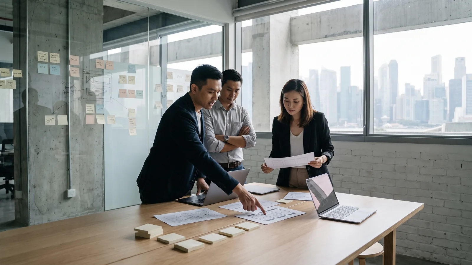 A founder and a senior executive reviewing work together in a bright workspace in Singapore